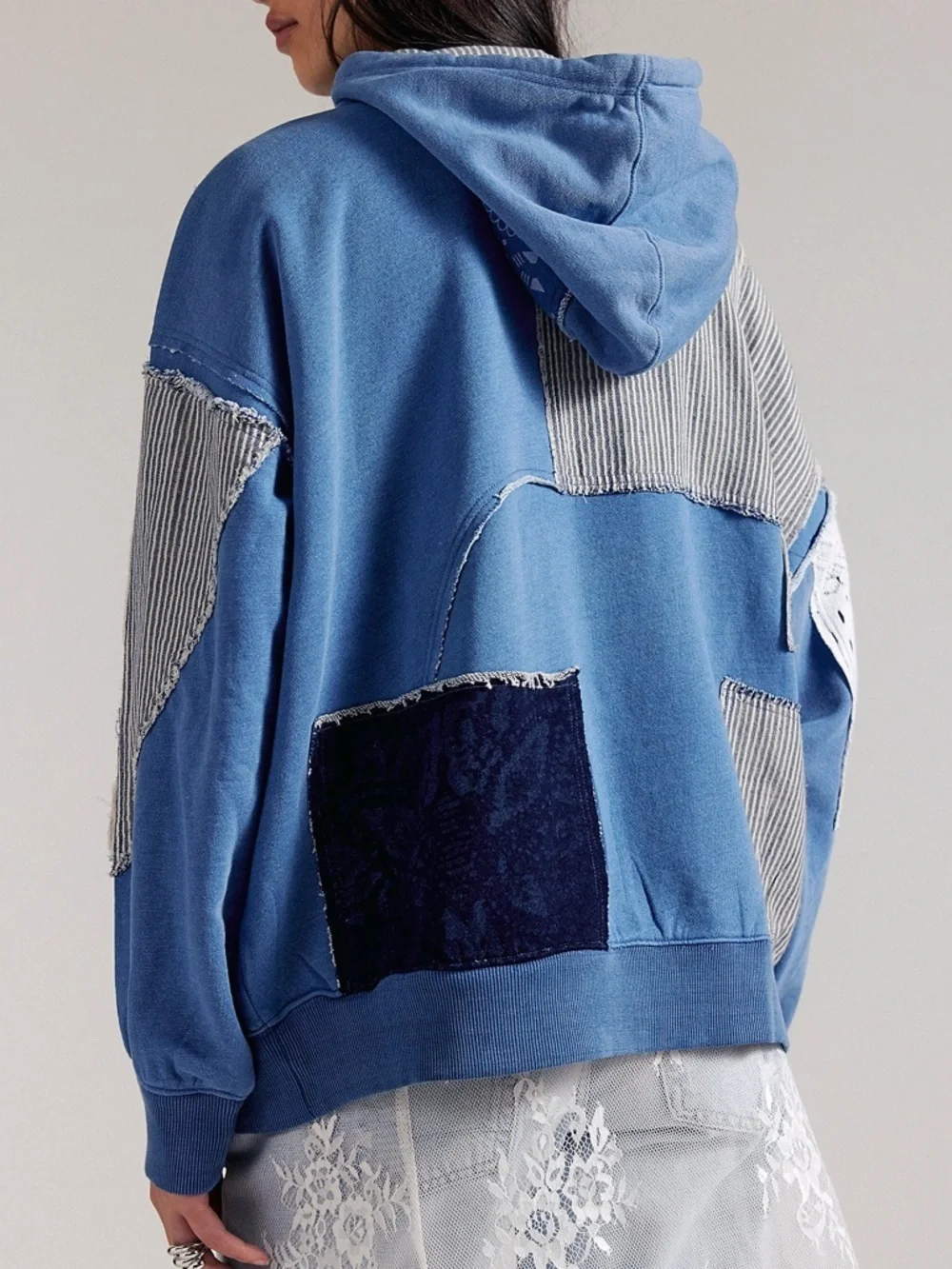 NWT Free People We The Free Tattered Romance Hoodie in Blue Indigo Combo